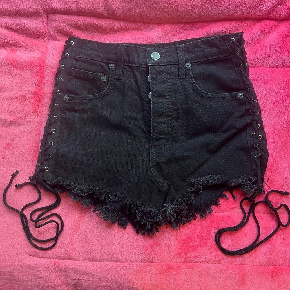 LF Carmar Black Lace Up High Waist Denim Shorts Jeans 26